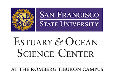 Logo with the words "San Francisco State University" in white on a dark purple background, the university's seal in gold on the left, and the words Estuary & Ocean Science Center at the Romberg Tiburon Campus in dark purple on a white background underneath